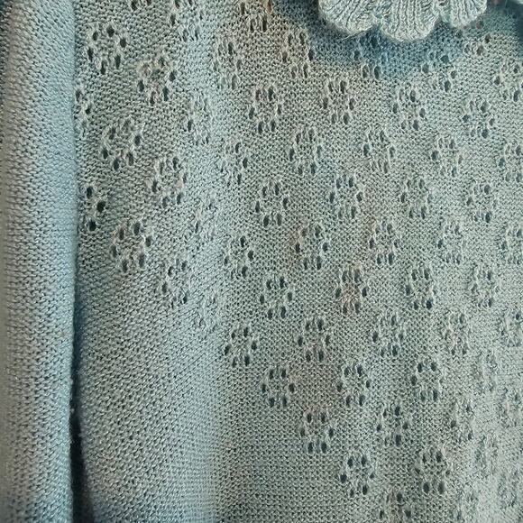 Vintage Preppy Sweater Women Size Small Blue 80s Knit Prairie Ruffle Collar Twee - Picture 4 of 10